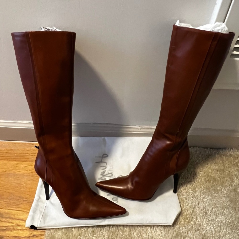 Vintage Charles David Italy Brown Leather Pointed Toe Stiletto Knee Boots 7.5 - Picture 2 of 7